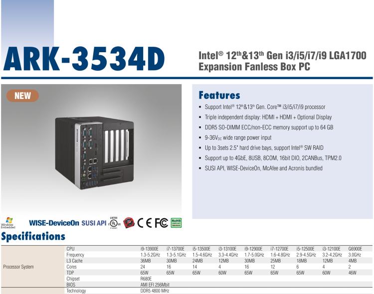 研華ARK-3534D 12th&13th Gen Intel? i3/i5/i7/i9 LGA1700 Expansion Fanless Box PC