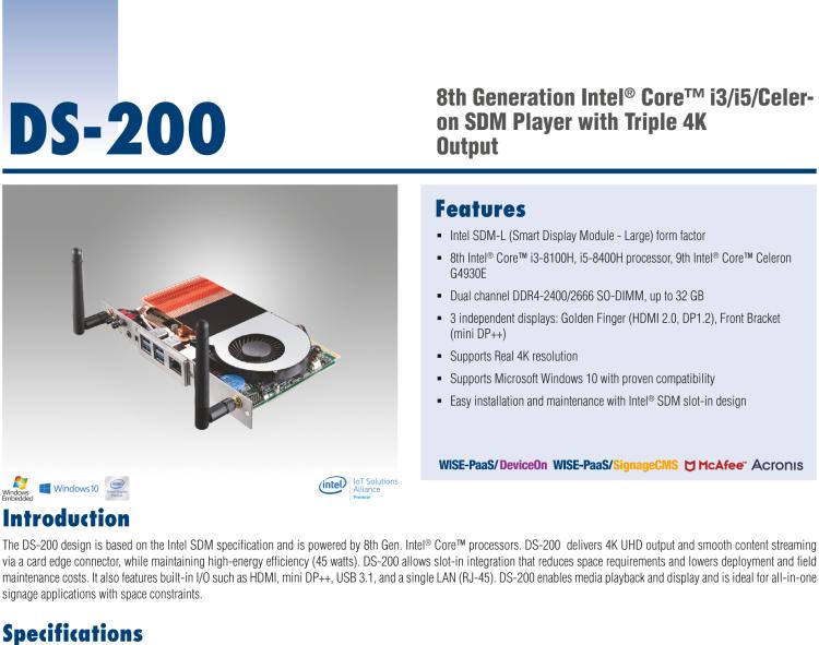 研華DS-200 Intel ? 第八代 Core? i3/i5 SDM，支持4K三顯的數(shù)字標(biāo)牌播放器