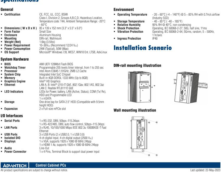 研華UNO-1372GH 通過Class I，Division 2認(rèn)證的導(dǎo)軌安裝工業(yè)控制器，搭配英特爾?凌動(dòng)?四核處理器