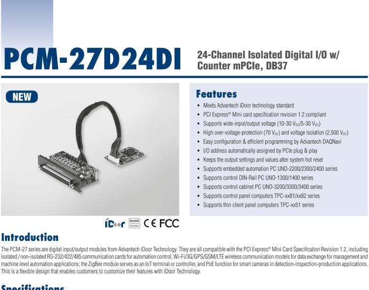 研華PCM-27D24DI 24通道隔離數字量 I/O 帶計數器 mPCIe, DB37