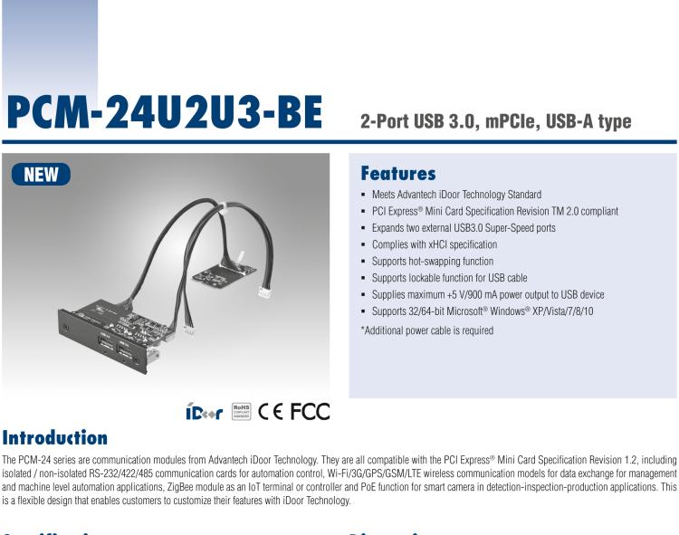 研華PCM-24U2U3 2端口USB 3.0，mPCIe，USB-A型