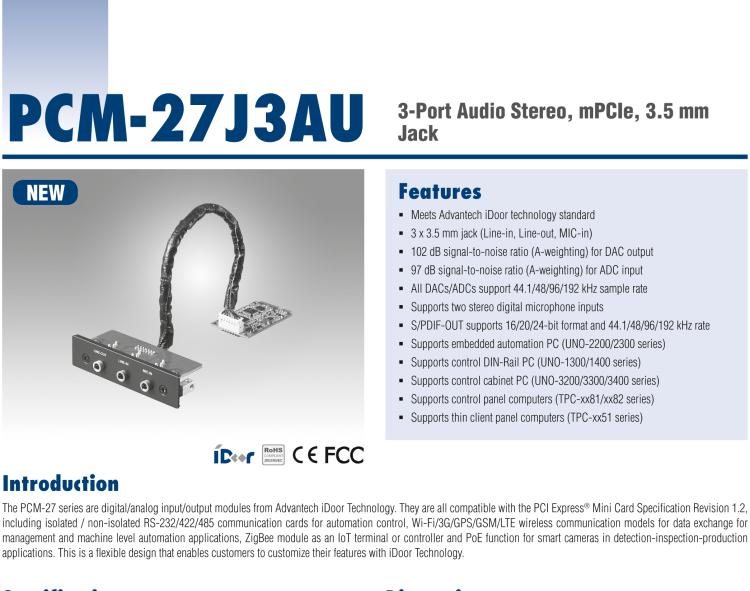 研華PCM-27J3AU 3端口立體聲音頻，mPCIe，3.5毫米插孔