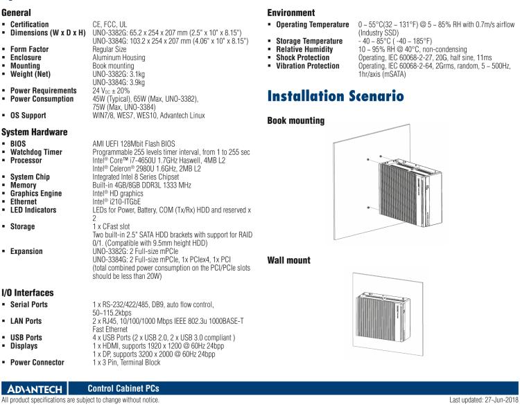 研華UNO-3384G Intel? Core? i7/Celeron控制柜PC，2 x GbE, 2 x mPCIe, HDMI/DP