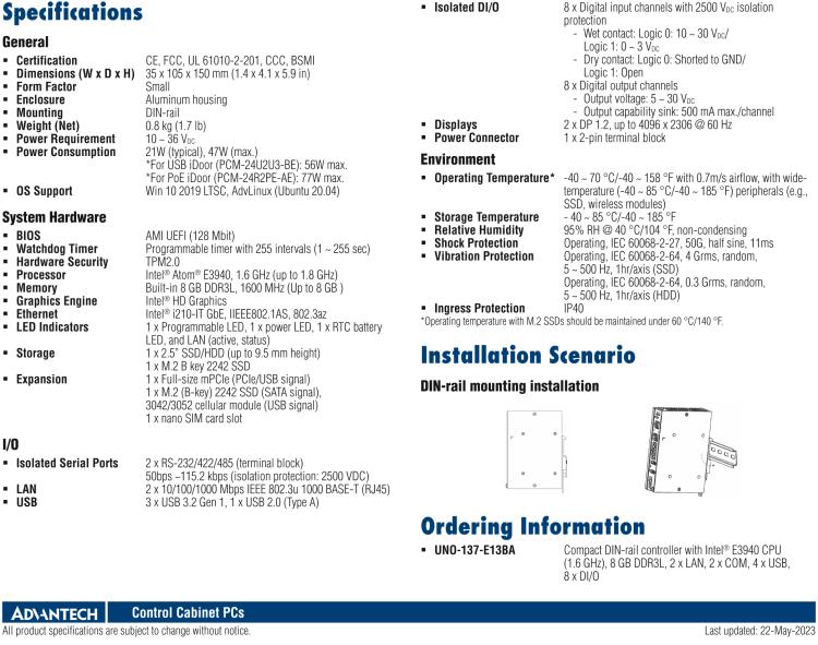 研華UNO-137 DIN導軌控制器，配備Intel?Atom?E3940 CPU、2個LAN、2個COM、3個USB 3.0、1個USB 2.0、2個DP 1.2、8個DI、8個DO、1個M.2、1個mPCIe、TPM 2.0