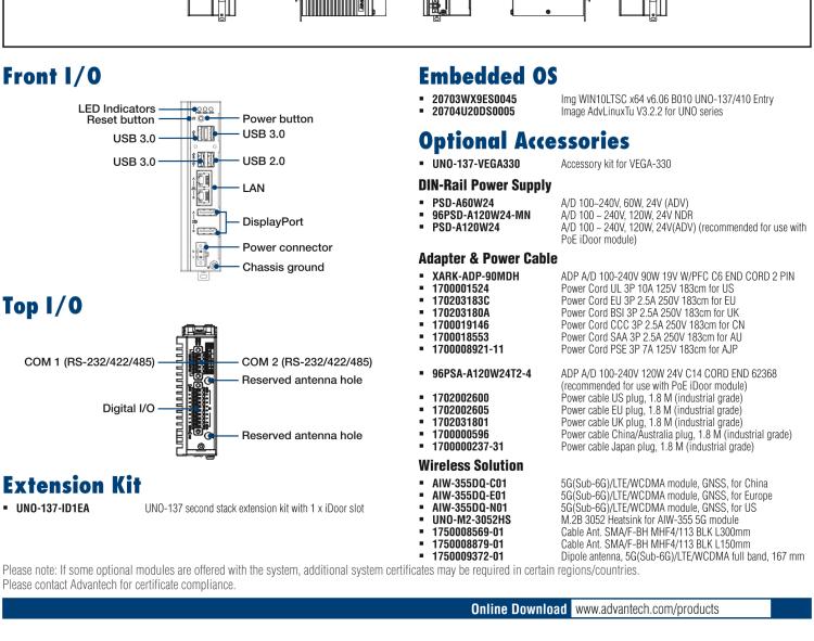 研華UNO-137 DIN導軌控制器，配備Intel?Atom?E3940 CPU、2個LAN、2個COM、3個USB 3.0、1個USB 2.0、2個DP 1.2、8個DI、8個DO、1個M.2、1個mPCIe、TPM 2.0