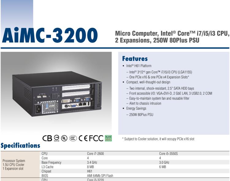 研華AiMC-3200 智能微型工控機，Intel Core i7/i5/i3 CPU,2 擴展槽，250W 80 Plus PSU