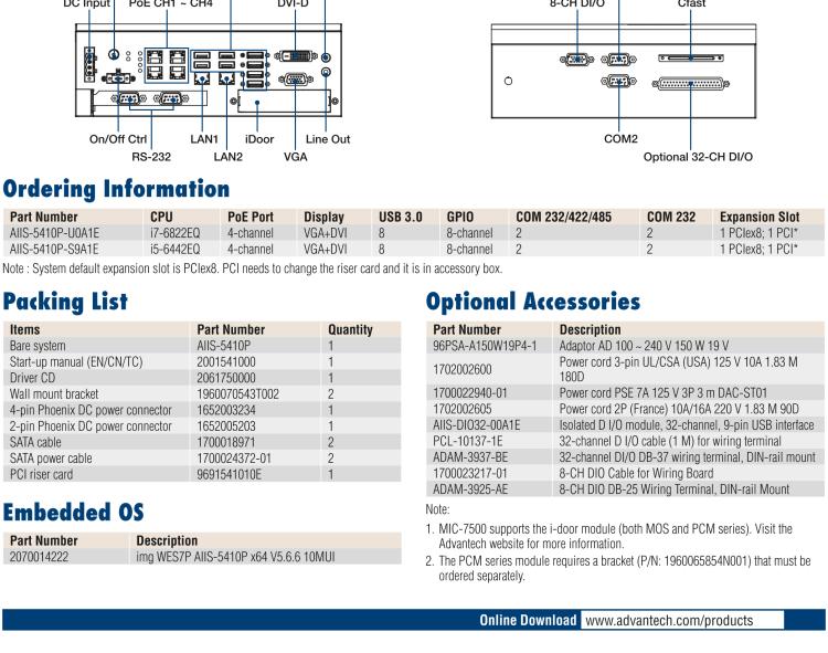 研華AIIS-5410P 無風(fēng)扇視覺系統(tǒng)，Intel Core? i 處理器，4通道 GigE PoE 相機(jī)界面和 PCIe 插槽