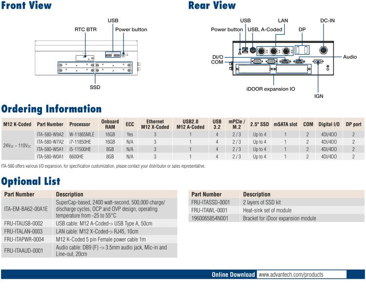 研華ITA-580 11th Gen Intel? Core? H-Series platform EN 50155 Fanless Computer; Compliant for Rolling Stock Applications