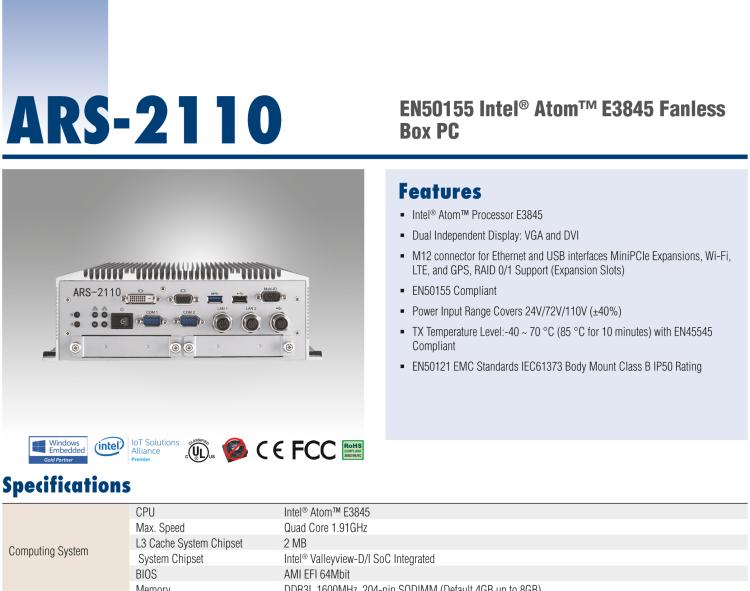 研華ARS-2110 EN50155 Intel? Atom? E3845 無(wú)風(fēng)扇設(shè)計(jì)之列車(chē)車(chē)輛控制系統(tǒng)