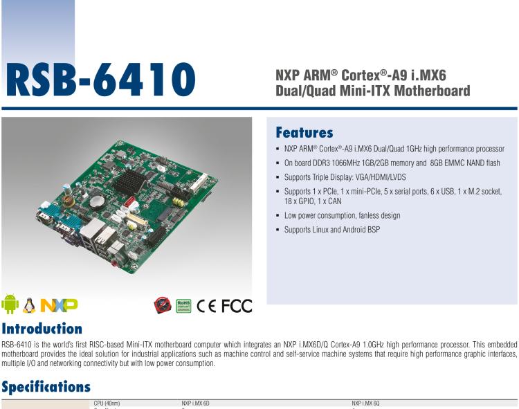 研華RSB-6410 基于NXP ARM Cortex-A9 i.MX6 Dual/Quad 的Mini-ITX工業(yè)主板， 支持Linux Yocto/Android