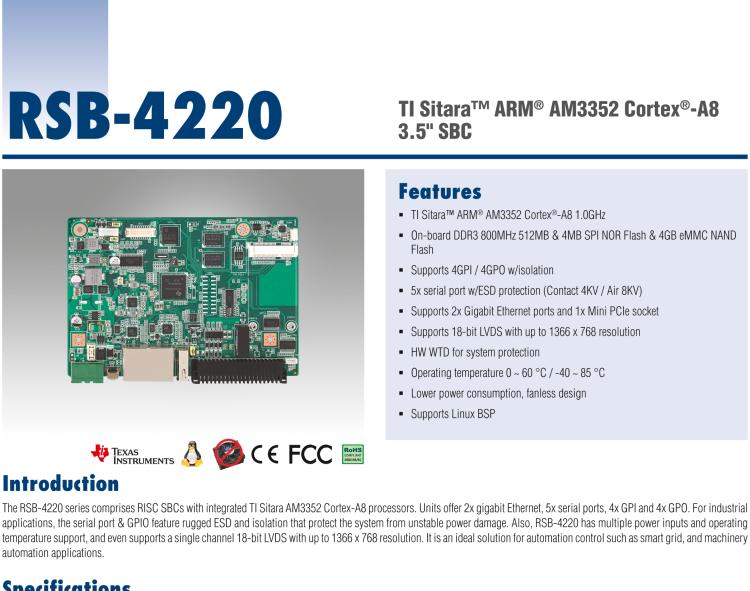 研華RSB-4220 基于TI AM3352 Cortex-A8 的3.5寸單板，寬溫、低功耗、無風扇設計