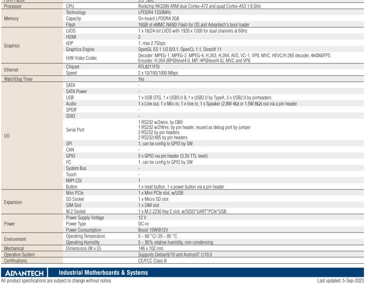 研華RSB-4710 Rockchip RK3399 Cortex-A72 Quad core, 高達 1.8GHz, 3.5" 單板電腦