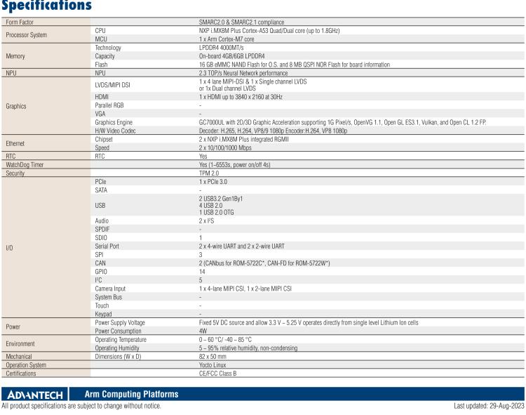 研華ROM-5722 NXP i.MX8M Plus Cortex?-A53 SMARC 2.0/2.1 核心板