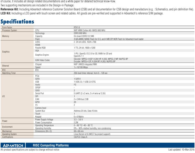 研華ROM-1210 基于NXP ARM Cortex?-A8 i.MX53 1GHz高性能處理器的RTX核心模塊，低功耗