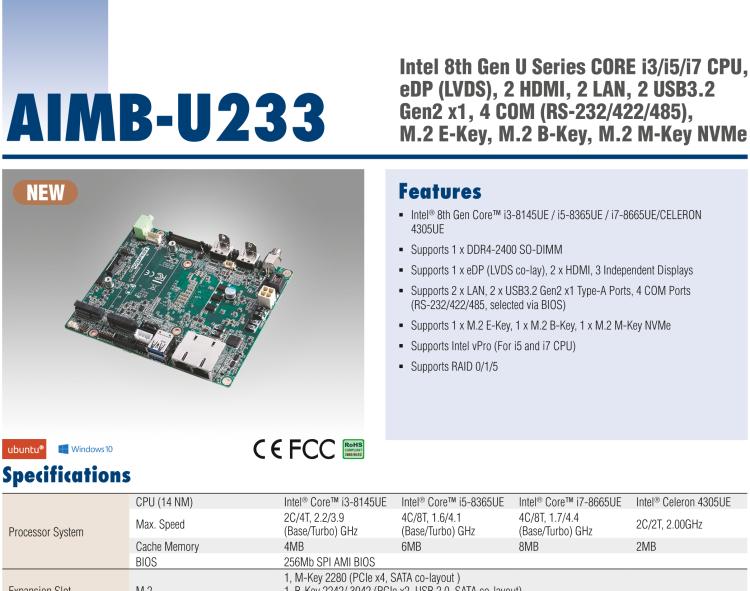 研華AIMB-U233 板載Intel 第8代 U系列 Core i3/i5/i7 處理器。低功耗高性能，無(wú)風(fēng)扇設(shè)計(jì)。