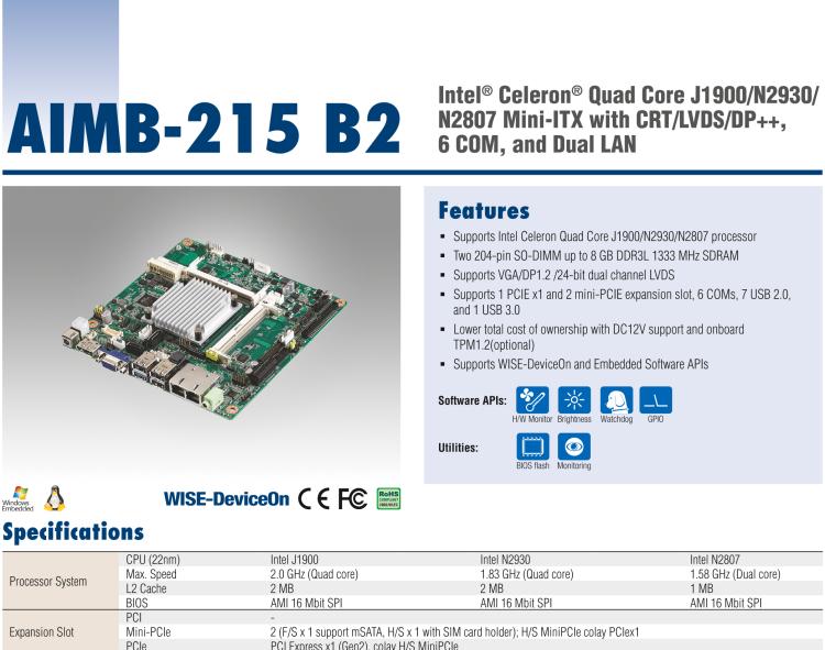 研華AIMB-215 板載Intel? 第4代 賽揚處理器。豐富的擴展，無風扇設(shè)計，支持寬溫寬壓。