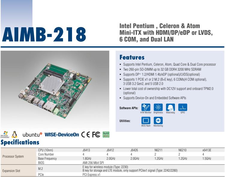 研華AIMB-218 板載Intel? 第8代 奔騰/賽揚/凌動系列處理器。支持獨立三顯，超薄緊湊，無風扇設計，支持寬溫。