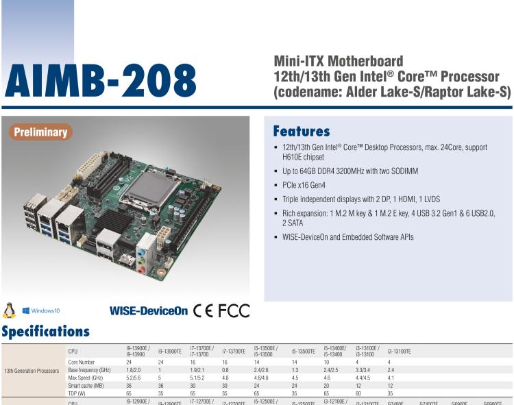 研華AIMB-208 適配Intel 第12/13代 Core i/奔騰系列處理器，搭載H110芯片組。高性價比，擁有豐富的擴展接口，通用性強，穩(wěn)定可靠。