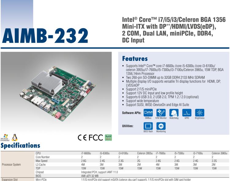 研華AIMB-232 板載Intel? 第6/7代 Core? i/賽揚 處理器。超薄設(shè)計，無風(fēng)扇設(shè)計，支持寬溫。