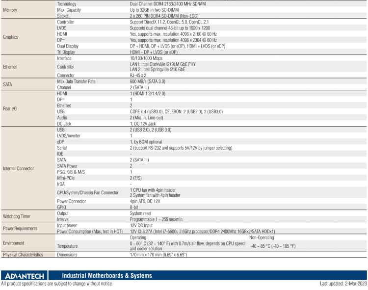 研華AIMB-232 板載Intel? 第6/7代 Core? i/賽揚 處理器。超薄設(shè)計，無風(fēng)扇設(shè)計，支持寬溫。