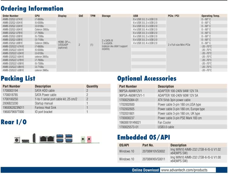 研華AIMB-232 板載Intel? 第6/7代 Core? i/賽揚 處理器。超薄設(shè)計，無風(fēng)扇設(shè)計，支持寬溫。