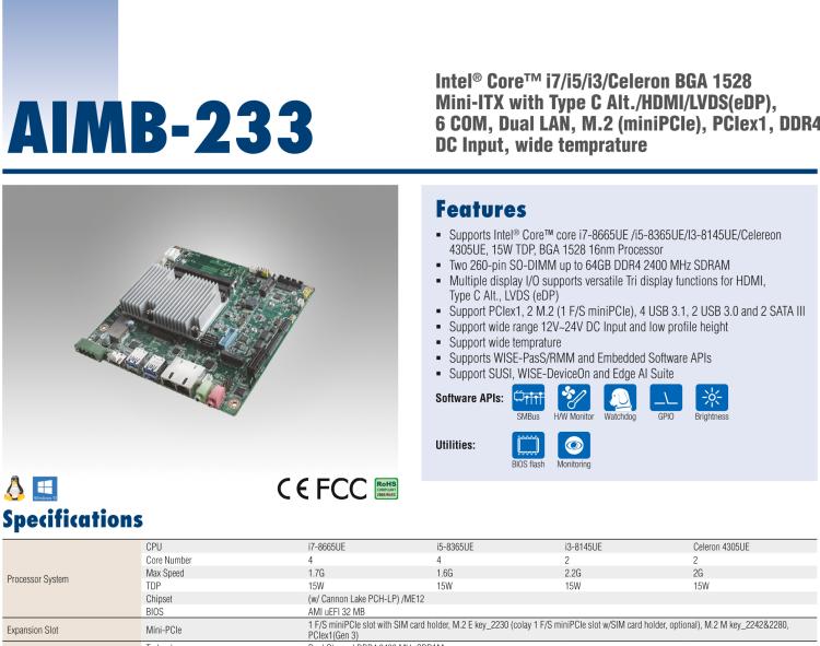 研華AIMB-233 板載Intel? 第8代 Core i 處理器。擁有Type C接口，滿足各類擴展需求。低功耗，超薄緊湊，無風扇設計，支持寬溫寬壓，性能強勁。