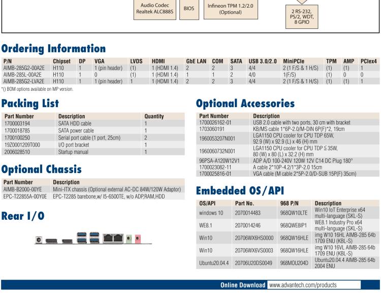 研華AIMB-285 適配Intel? 第6/7代 Core? i 處理器，搭載H110芯片組。超薄緊湊，是理想的高性價比解決方案。