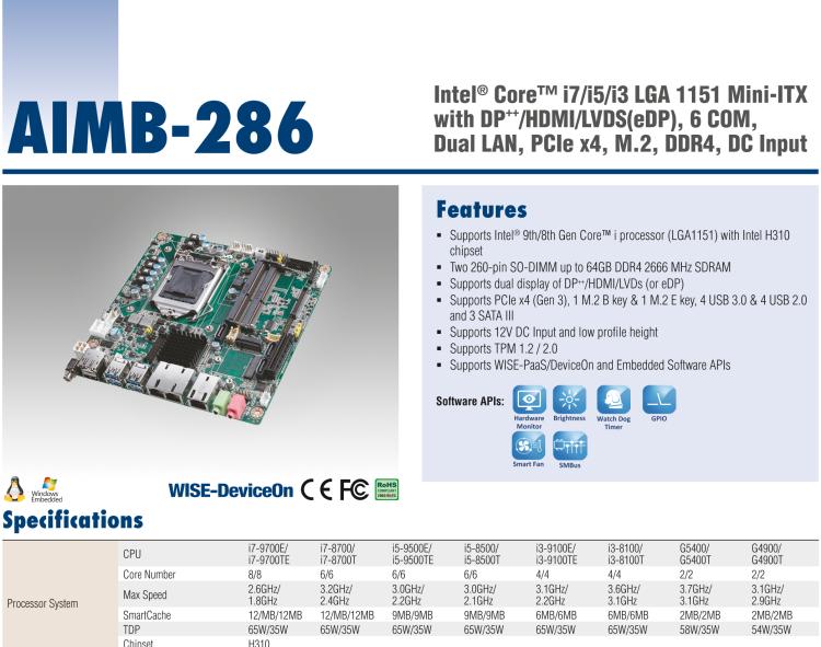 研華AIMB-286 Intel? 第8/9代 Core? i 系列處理器，搭載Intel H310芯片組。超薄設(shè)計(jì)，結(jié)構(gòu)緊湊。