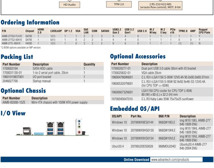 研華AIMB-277 適配Intel? 第10代 Core? i 系列處理器，搭載Q470E芯片組。性能強(qiáng)勁，適用于高端應(yīng)用領(lǐng)域。