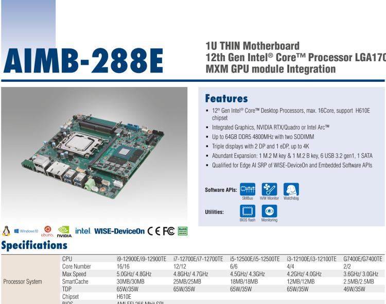 研華AIMB-288E 板載Intel 第12代 Core i 桌面級(jí)CPU。橫向顯卡插槽，搭配N(xiāo)VIDIA Quadro T1000 MXM顯卡。超薄散熱設(shè)計(jì)，高性能選擇方案。