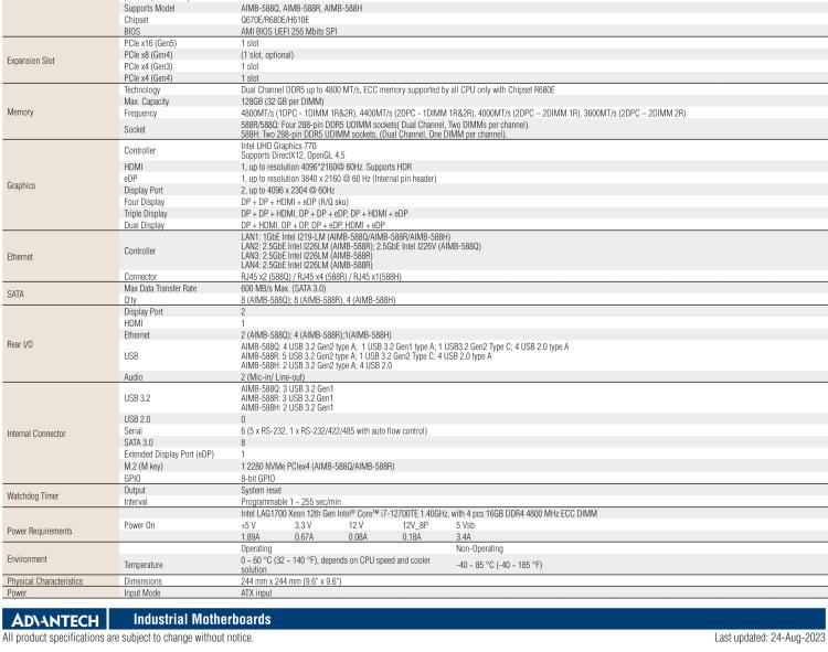 研華AIMB-588 適配Intel 第12代 Core i 系列處理器，搭載Q670E/ R680E/ H610E芯片組。高性能可達(dá)服務(wù)器級(jí)別高端產(chǎn)品，獨(dú)立四顯，專業(yè)的圖像處理能力，是理想的行業(yè)解決方案。