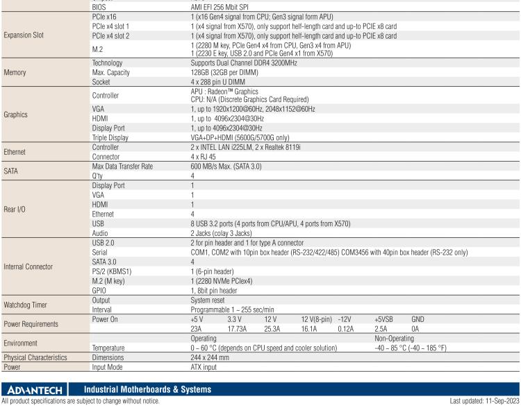 研華AIMB-522 適配AMD Ryzen? AM4 5000系列處理器，搭載X570芯片組。具有豐富接口，雙千兆網(wǎng)口和雙2.5GbE網(wǎng)口設(shè)計(jì)，用于自動化和人工智能圖像處理等高端行業(yè)。