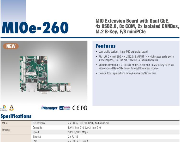 研華MIOe-260 M.2 B-key，高速 miniPCIe，雙Intel LAN，4個USB2.0、8個COM