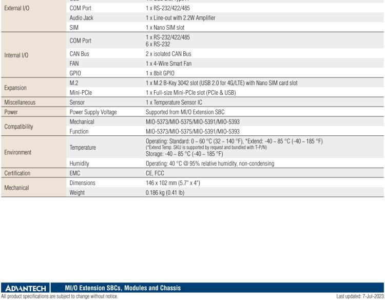 研華MIOe-260 M.2 B-key，高速 miniPCIe，雙Intel LAN，4個USB2.0、8個COM