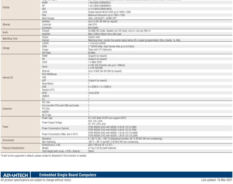 研華PCM-9563 英特爾第六代Atom?奔騰?/賽揚(yáng)?/ Atom?處理器N4000，N3000系列，帶VGA / LVDS / HDMI的EBX/5.25寸主板，3 GbE，8 USB，1 SATA，音頻，1個miniPCIe，1 M.2 E kay，1 m.SATA，6個COM