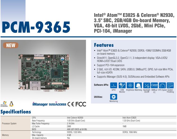 研華PCM-9365 第四代ATOM PCI-104 3.5寸主板, 搭載E3825，N2930 CPU，2GB/4GB內(nèi)存在板，VGA, 18/24-bit LVDS, 2GbE, Mini PCIe, PCI-104, iManager