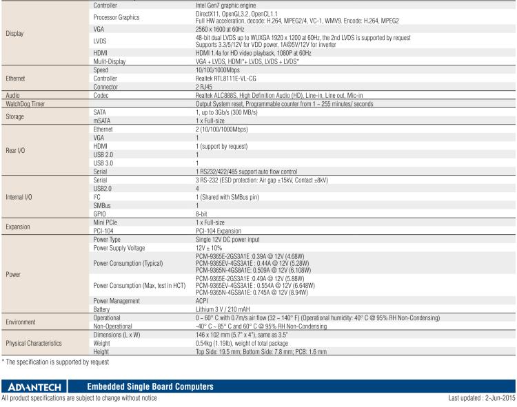 研華PCM-9365 第四代ATOM PCI-104 3.5寸主板, 搭載E3825，N2930 CPU，2GB/4GB內(nèi)存在板，VGA, 18/24-bit LVDS, 2GbE, Mini PCIe, PCI-104, iManager