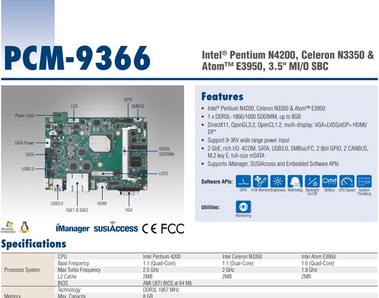 研華PCM-9366 Intel 第六代Atom?奔騰N4200賽揚N3350，3.5寸單板電腦