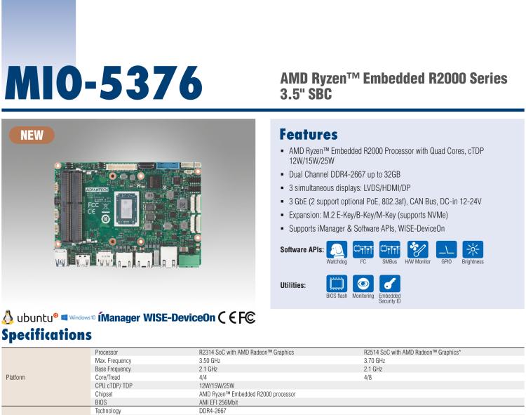 研華MIO-5376 AMD Ryzen 嵌入式 R2000 系列 3.5" 單板電腦