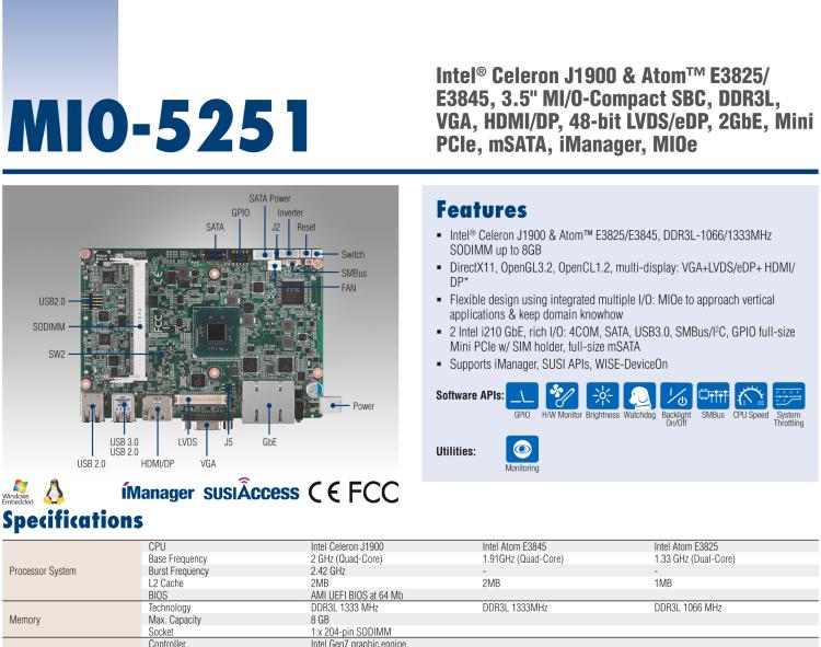 研華MIO-5251 3.5寸MIO單板電腦，采用嵌入式 Intel? Atom? E3825 &Intel? J1900處理器