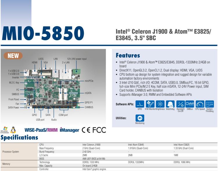 研華MIO-5850 Intel賽揚(yáng)J1900和Atom?E3825 / E3845,3.5“MI / O-Compact SBC，板載DDR3L，3GbE，iManager 3.0,16位GPIO，CANBUS，板載eMMC，12V / 24V電源輸入