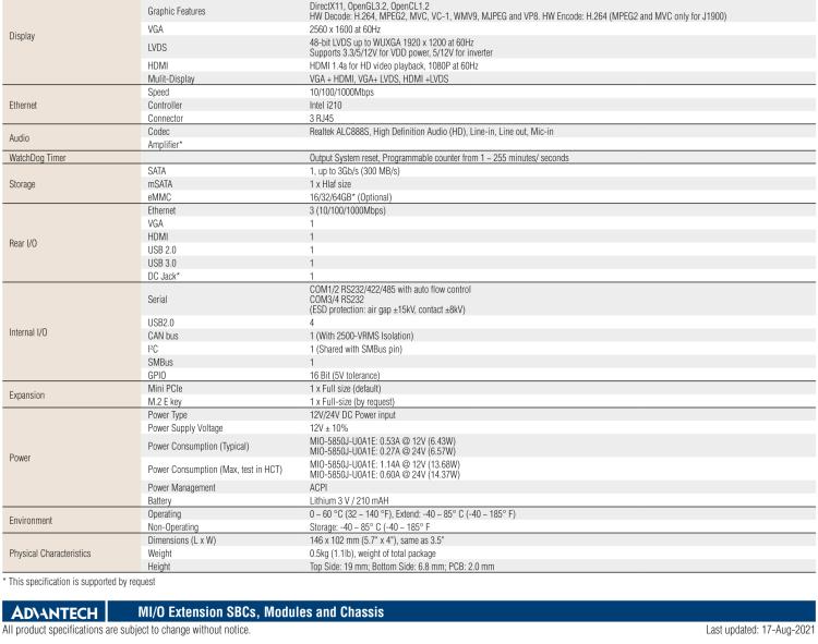 研華MIO-5850 Intel賽揚(yáng)J1900和Atom?E3825 / E3845,3.5“MI / O-Compact SBC，板載DDR3L，3GbE，iManager 3.0,16位GPIO，CANBUS，板載eMMC，12V / 24V電源輸入