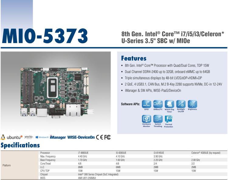 研華MIO-5373 第八代 Intel 低功耗高性能 超極本CPU 3.5寸嵌入式單板，性能提升40%