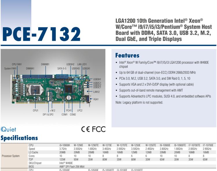 研華PCE-7132 LGA1200 10th Generation Intel? Xeon? W/Core? i9/i7/i5/i3/Pentium? System Host Board with DDR4, SATA 3.0, USB 3.2, M.2, Dual GbE, and Triple Displays