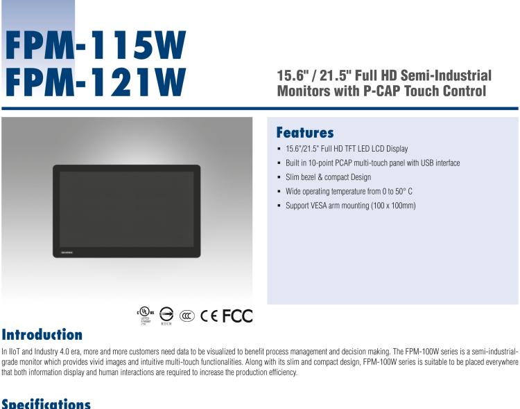 研華FPM-121W 21.5" Full HD工業(yè)顯示器P-CAP觸控