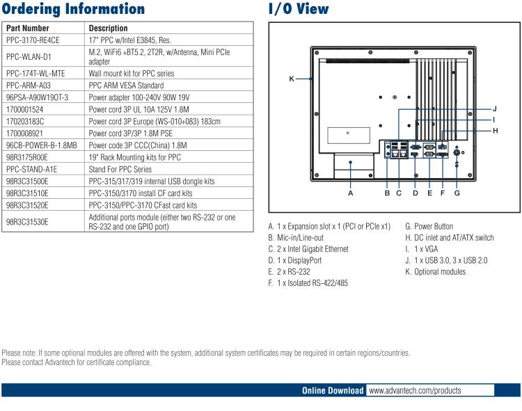 研華PPC-3170-RE4BE 17" 無風(fēng)扇工業(yè)平板電腦, 搭載 Intel? Atom? E3845 四核心處理器