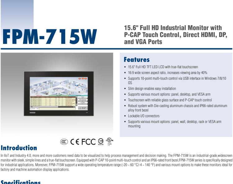 研華FPM-715W 15.6" Full HD Industrial-grade, widescreen Monitor with P-CAP 10-point multi-touch Control, Direct HDMI, DP and VGA Ports