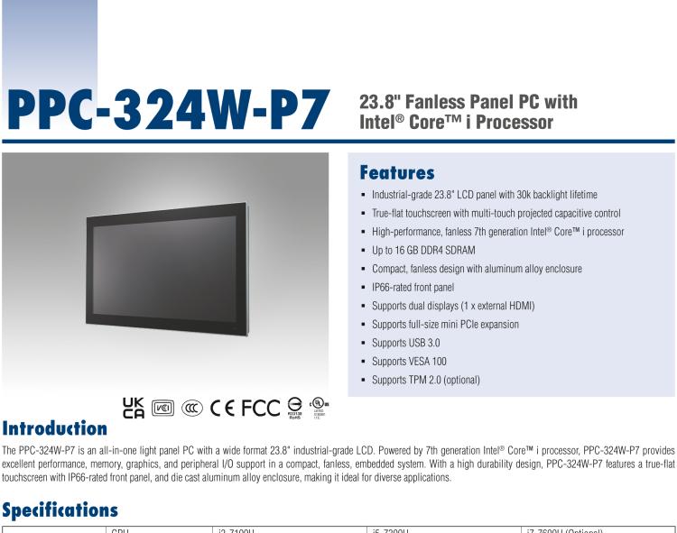 研華PPC-324W-P7 23.8" 寬屏無(wú)風(fēng)扇工業(yè)平板電腦 Intel? Core? i 處理器