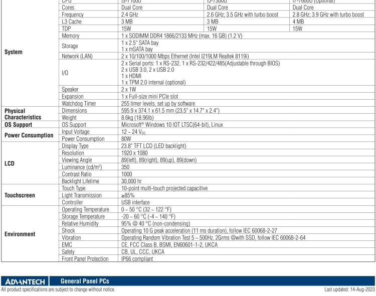 研華PPC-324W-P7 23.8" 寬屏無(wú)風(fēng)扇工業(yè)平板電腦 Intel? Core? i 處理器