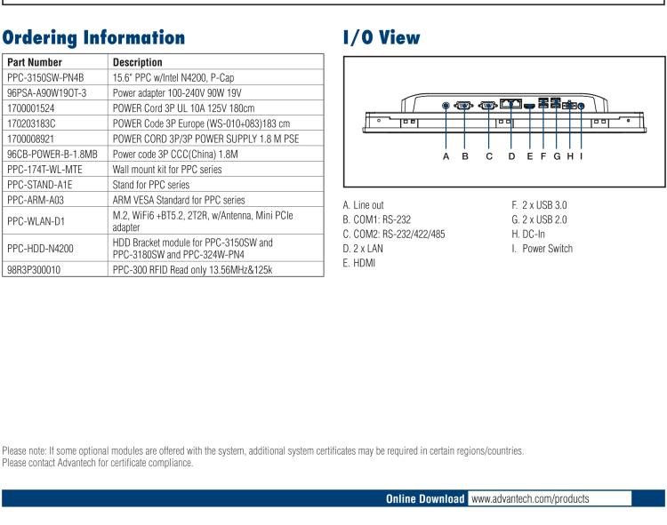 研華PPC-3150SW 15.6" 寬屏無風扇工業(yè)平板電腦，搭載 Intel? Pentium? N4200 四核心處理器